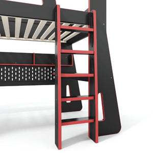 English Elm Twin/Full Gaming Loft Bed with Built-In Desk LED Lighting Shelves for Teen Rooms Black+Red W5316S00056