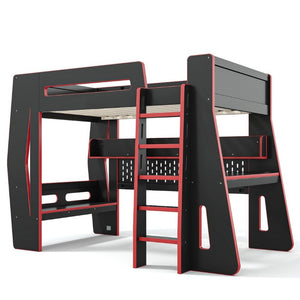 English Elm Twin/Full Gaming Loft Bed with Built-In Desk LED Lighting Shelves for Teen Rooms Black+Red W5316S00056