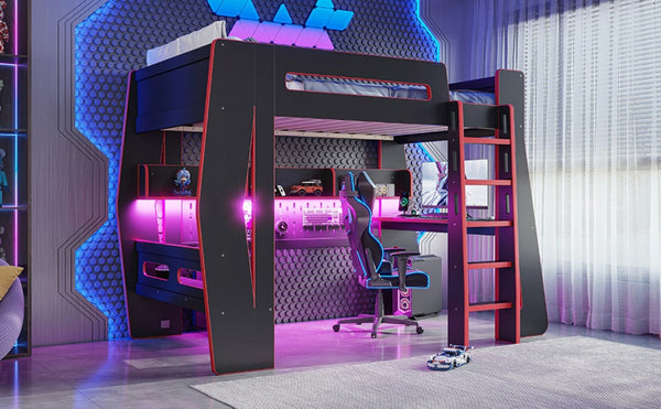 English Elm Twin/Full Gaming Loft Bed with Built-In Desk LED Lighting Shelves for Teen Rooms Black+Red W5316S00056