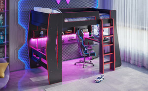English Elm Twin/Full Gaming Loft Bed with Built-In Desk LED Lighting Shelves for Teen Rooms Black+Red W5316S00056