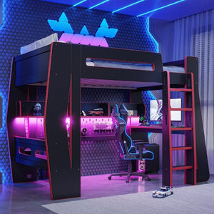 English Elm Twin/Full Gaming Loft Bed with Built-In Desk LED Lighting Shelves for Teen Rooms Black+Red W5316S00056