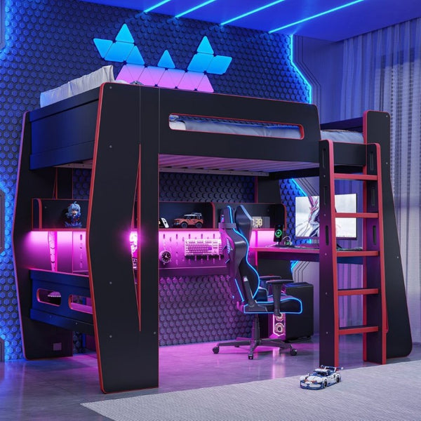 English Elm Twin/Full Gaming Loft Bed with Built-In Desk LED Lighting Shelves for Teen Rooms Black+Red W5316S00056