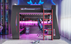 English Elm Twin/Full Gaming Loft Bed with Built-In Desk LED Lighting Shelves for Teen Rooms Black+Red W5316S00056