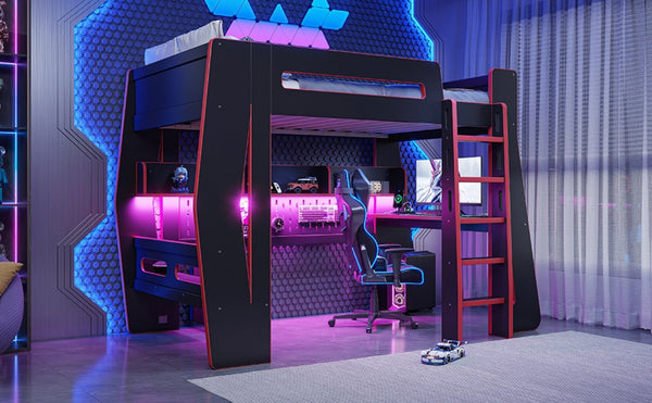 English Elm Twin/Full Gaming Loft Bed with Built-In Desk LED Lighting Shelves for Teen Rooms Black+Red W5316S00056