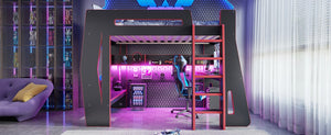 English Elm Twin/Full Gaming Loft Bed with Built-In Desk LED Lighting Shelves for Teen Rooms Black+Red W5316S00056