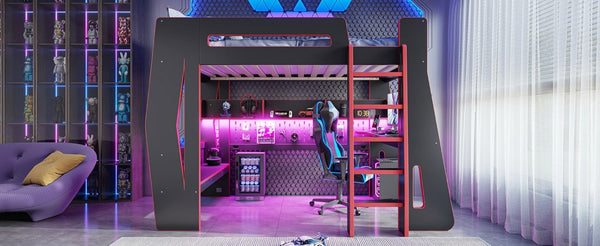 English Elm Twin/Full Gaming Loft Bed with Built-In Desk LED Lighting Shelves for Teen Rooms Black+Red W5316S00056