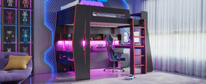 English Elm Twin/Full Gaming Loft Bed with Built-In Desk LED Lighting Shelves for Teen Rooms Black+Red W5316S00056