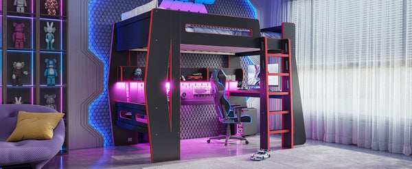 English Elm Twin/Full Gaming Loft Bed with Built-In Desk LED Lighting Shelves for Teen Rooms Black+Red W5316S00056