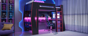 English Elm Twin/Full Gaming Loft Bed with Built-In Desk LED Lighting Shelves for Teen Rooms Black+Red W5316S00056