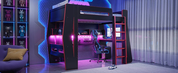 English Elm Twin/Full Gaming Loft Bed with Built-In Desk LED Lighting Shelves for Teen Rooms Black+Red W5316S00056