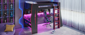 English Elm Twin/Full Gaming Loft Bed with Built-In Desk LED Lighting Shelves for Teen Rooms Black+Red W5316S00056