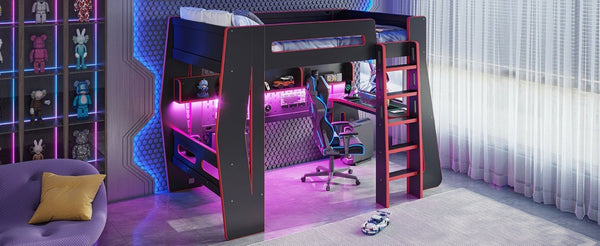English Elm Twin/Full Gaming Loft Bed with Built-In Desk LED Lighting Shelves for Teen Rooms Black+Red W5316S00056