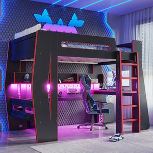 English Elm Twin/Full Gaming Loft Bed with Built-In Desk LED Lighting Shelves for Teen Rooms Black+Red W5316S00056