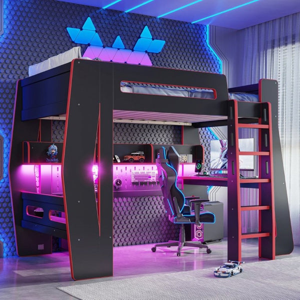 English Elm Twin/Full Gaming Loft Bed with Built-In Desk LED Lighting Shelves for Teen Rooms Black+Red W5316S00056