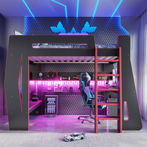 English Elm Twin/Full Gaming Loft Bed with Built-In Desk LED Lighting Shelves for Teen Rooms Black+Red W5316S00056