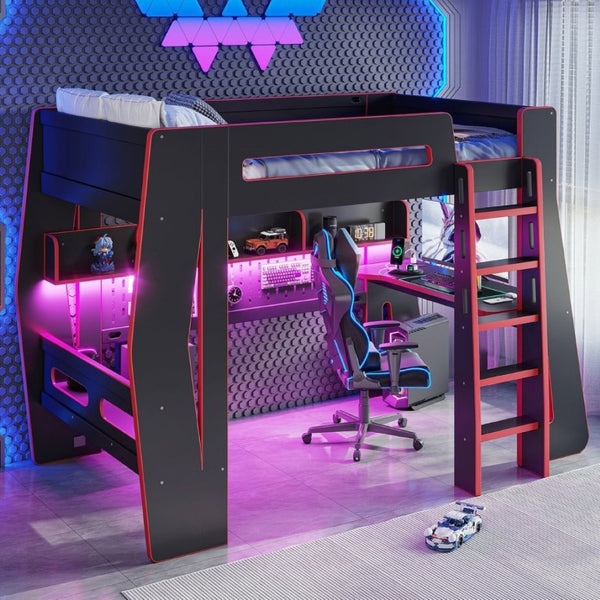English Elm Twin/Full Gaming Loft Bed with Built-In Desk LED Lighting Shelves for Teen Rooms Black+Red W5316S00056
