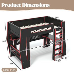 English Elm Twin/Full Gaming Loft Bed with Built-In Desk LED Lighting Shelves for Teen Rooms Black+Red W5316S00056