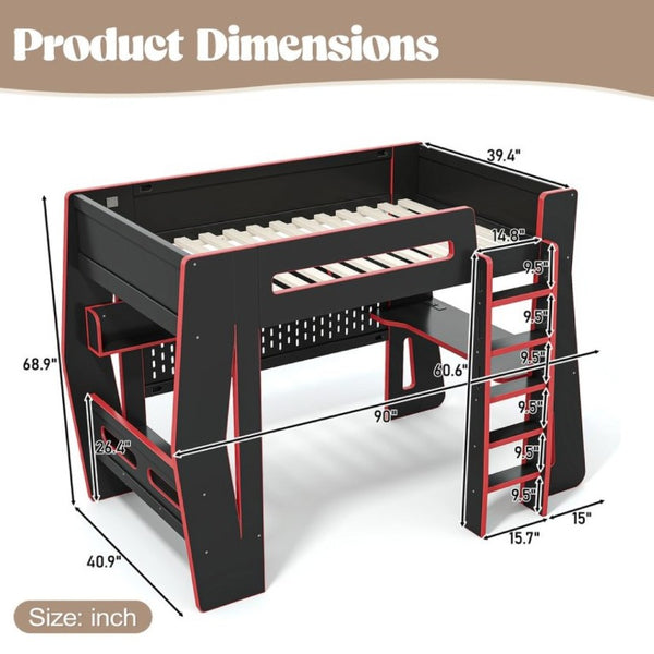 English Elm Twin/Full Gaming Loft Bed with Built-In Desk LED Lighting Shelves for Teen Rooms Black+Red W5316S00056