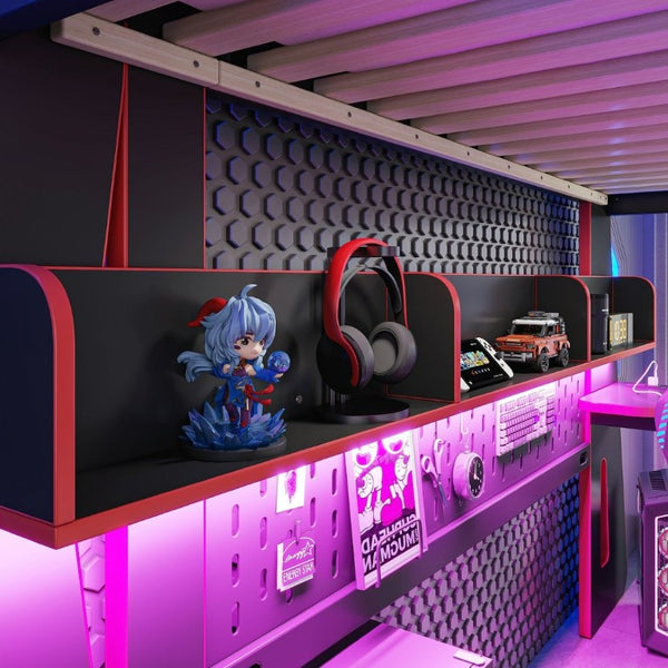English Elm Twin/Full Gaming Loft Bed with Built-In Desk LED Lighting Shelves for Teen Rooms Black+Red W5316S00056