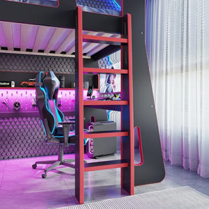 English Elm Twin/Full Gaming Loft Bed with Built-In Desk LED Lighting Shelves for Teen Rooms Black+Red W5316S00056