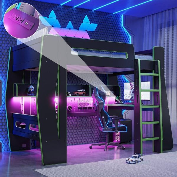 English Elm Twin/Full Gaming Loft Bed with Built-In Desk LED Lighting Shelves for Teen Rooms Black+Green W5316S00057