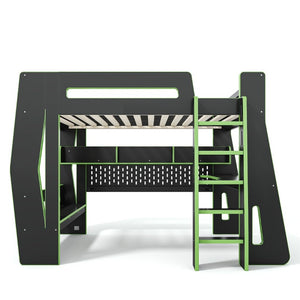 English Elm Twin/Full Gaming Loft Bed with Built-In Desk LED Lighting Shelves for Teen Rooms Black+Green W5316S00057