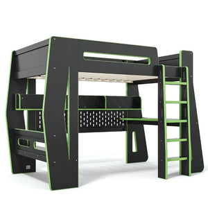 English Elm Twin/Full Gaming Loft Bed with Built-In Desk LED Lighting Shelves for Teen Rooms Black+Green W5316S00057