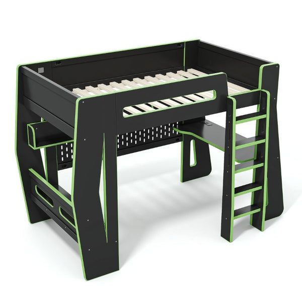 English Elm Twin/Full Gaming Loft Bed with Built-In Desk LED Lighting Shelves for Teen Rooms Black+Green W5316S00057