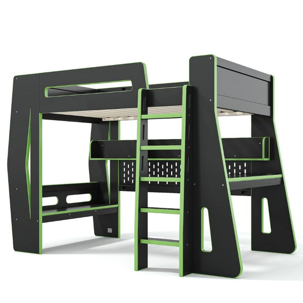 English Elm Twin/Full Gaming Loft Bed with Built-In Desk LED Lighting Shelves for Teen Rooms Black+Green W5316S00057
