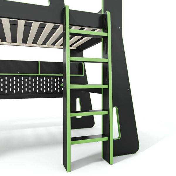 English Elm Twin/Full Gaming Loft Bed with Built-In Desk LED Lighting Shelves for Teen Rooms Black+Green W5316S00057