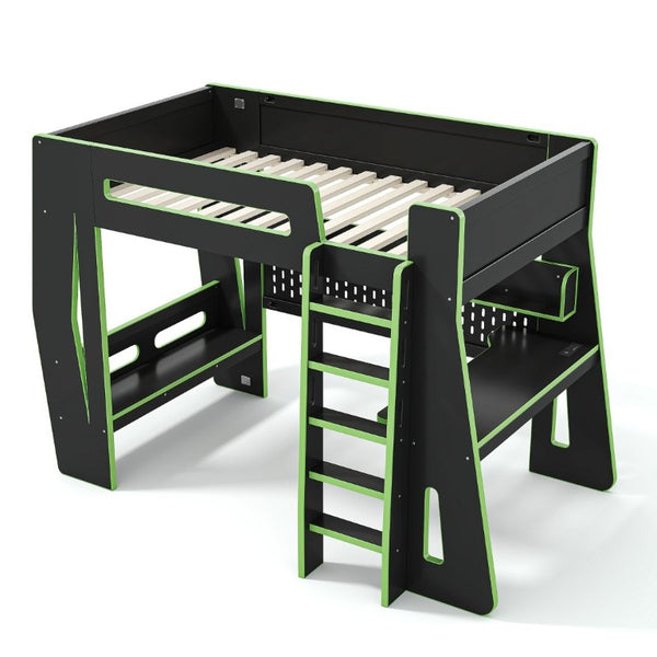 English Elm Twin/Full Gaming Loft Bed with Built-In Desk LED Lighting Shelves for Teen Rooms Black+Green W5316S00057