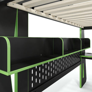 English Elm Twin/Full Gaming Loft Bed with Built-In Desk LED Lighting Shelves for Teen Rooms Black+Green W5316S00057