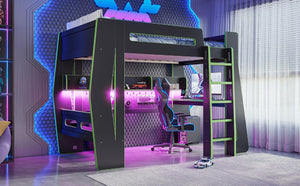 English Elm Twin/Full Gaming Loft Bed with Built-In Desk LED Lighting Shelves for Teen Rooms Black+Green W5316S00057