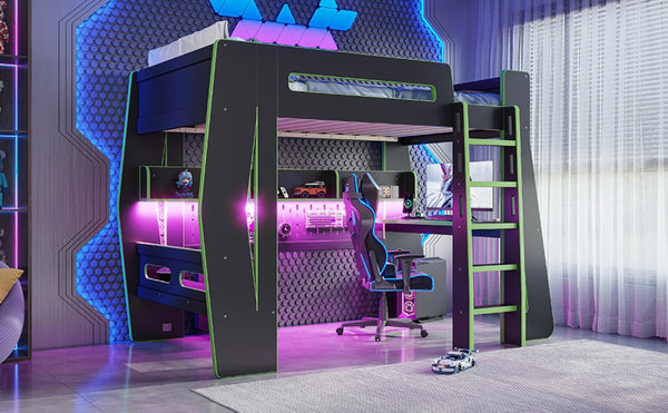 English Elm Twin/Full Gaming Loft Bed with Built-In Desk LED Lighting Shelves for Teen Rooms Black+Green W5316S00057