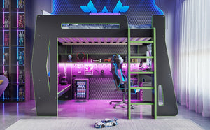 English Elm Twin/Full Gaming Loft Bed with Built-In Desk LED Lighting Shelves for Teen Rooms Black+Green W5316S00057