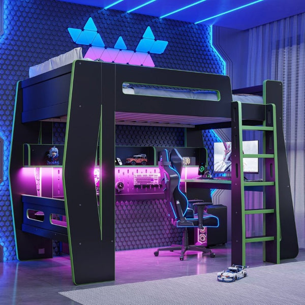 English Elm Twin/Full Gaming Loft Bed with Built-In Desk LED Lighting Shelves for Teen Rooms Black+Green W5316S00057