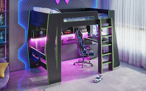 English Elm Twin/Full Gaming Loft Bed with Built-In Desk LED Lighting Shelves for Teen Rooms Black+Green W5316S00057