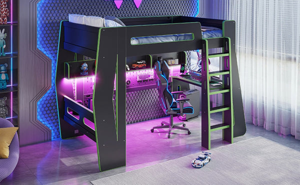 English Elm Twin/Full Gaming Loft Bed with Built-In Desk LED Lighting Shelves for Teen Rooms Black+Green W5316S00057