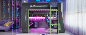 English Elm Twin/Full Gaming Loft Bed with Built-In Desk LED Lighting Shelves for Teen Rooms Black+Green W5316S00057
