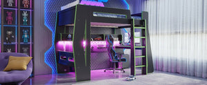 English Elm Twin/Full Gaming Loft Bed with Built-In Desk LED Lighting Shelves for Teen Rooms Black+Green W5316S00057