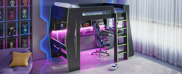 English Elm Twin/Full Gaming Loft Bed with Built-In Desk LED Lighting Shelves for Teen Rooms Black+Green W5316S00057