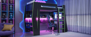 English Elm Twin/Full Gaming Loft Bed with Built-In Desk LED Lighting Shelves for Teen Rooms Black+Green W5316S00057