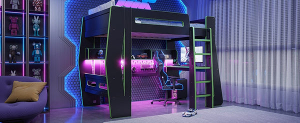 English Elm Twin/Full Gaming Loft Bed with Built-In Desk LED Lighting Shelves for Teen Rooms Black+Green W5316S00057