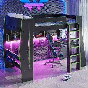 English Elm Twin/Full Gaming Loft Bed with Built-In Desk LED Lighting Shelves for Teen Rooms Black+Green W5316S00057