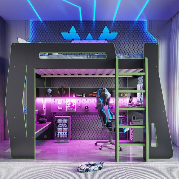 English Elm Twin/Full Gaming Loft Bed with Built-In Desk LED Lighting Shelves for Teen Rooms Black+Green W5316S00057