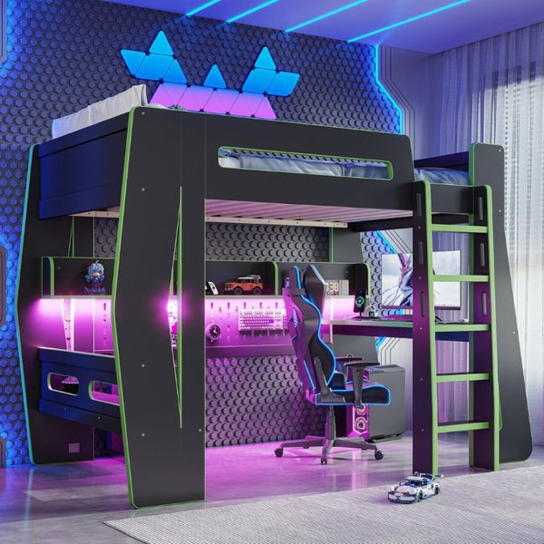 English Elm Twin/Full Gaming Loft Bed with Built-In Desk LED Lighting Shelves for Teen Rooms Black+Green W5316S00057
