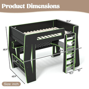 English Elm Twin/Full Gaming Loft Bed with Built-In Desk LED Lighting Shelves for Teen Rooms Black+Green W5316S00057