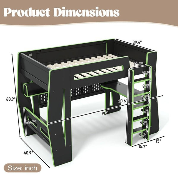 English Elm Twin/Full Gaming Loft Bed with Built-In Desk LED Lighting Shelves for Teen Rooms Black+Green W5316S00057