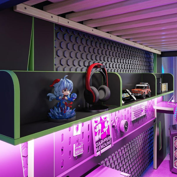 English Elm Twin/Full Gaming Loft Bed with Built-In Desk LED Lighting Shelves for Teen Rooms Black+Green W5316S00057
