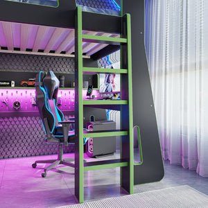 English Elm Twin/Full Gaming Loft Bed with Built-In Desk LED Lighting Shelves for Teen Rooms Black+Green W5316S00057